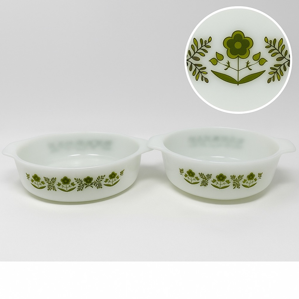 Anchor Hocking Fire King Meadow Green Casserole Set 436 437 1Qt 1.5Qt VTG